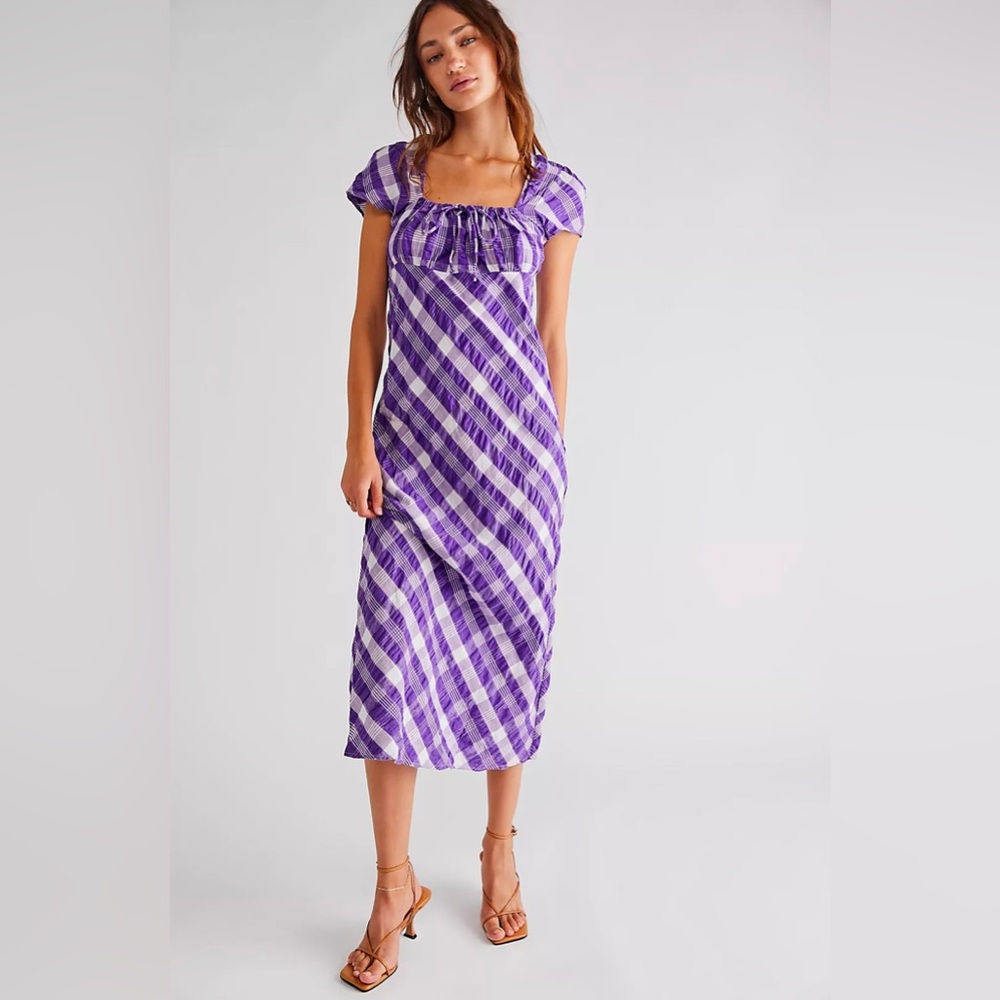Free People Natalya Purple White Plaid Gathered Bust Midi Dress NWOT